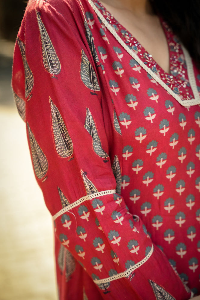 Red Panel Block Print Muslin V neck Kurta and Pants