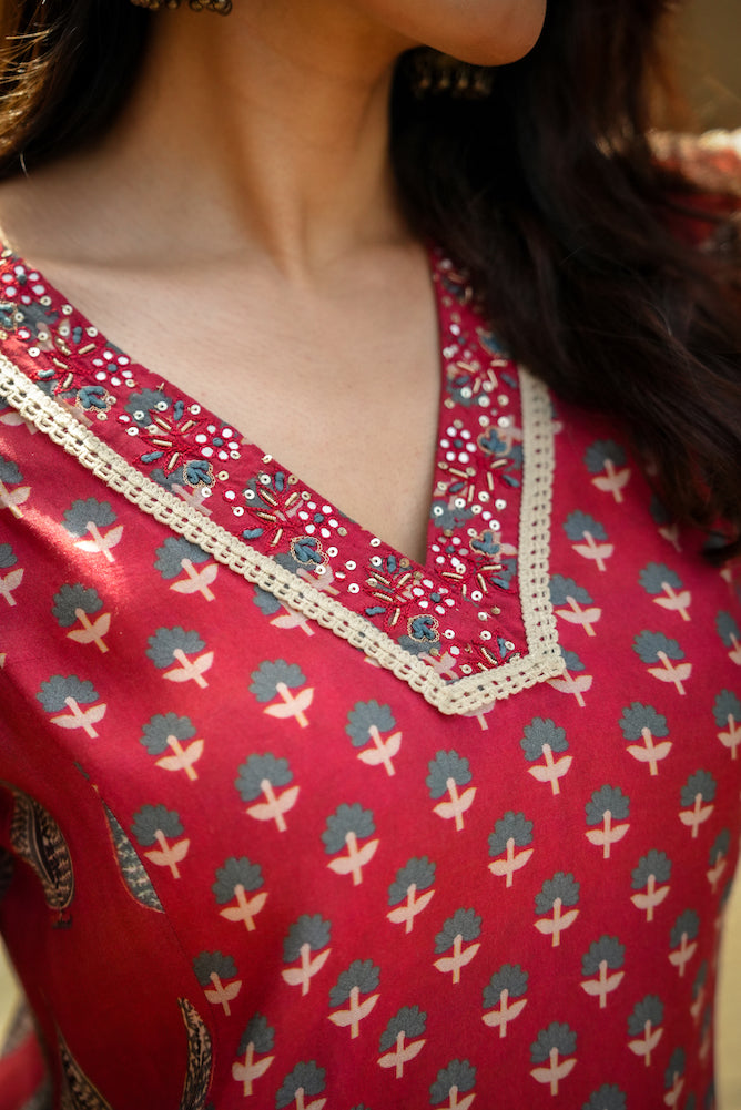 Red Panel Block Print Muslin V neck Kurta and Pants