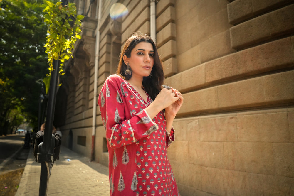 Red Panel Block Print Muslin V neck Kurta and Pants
