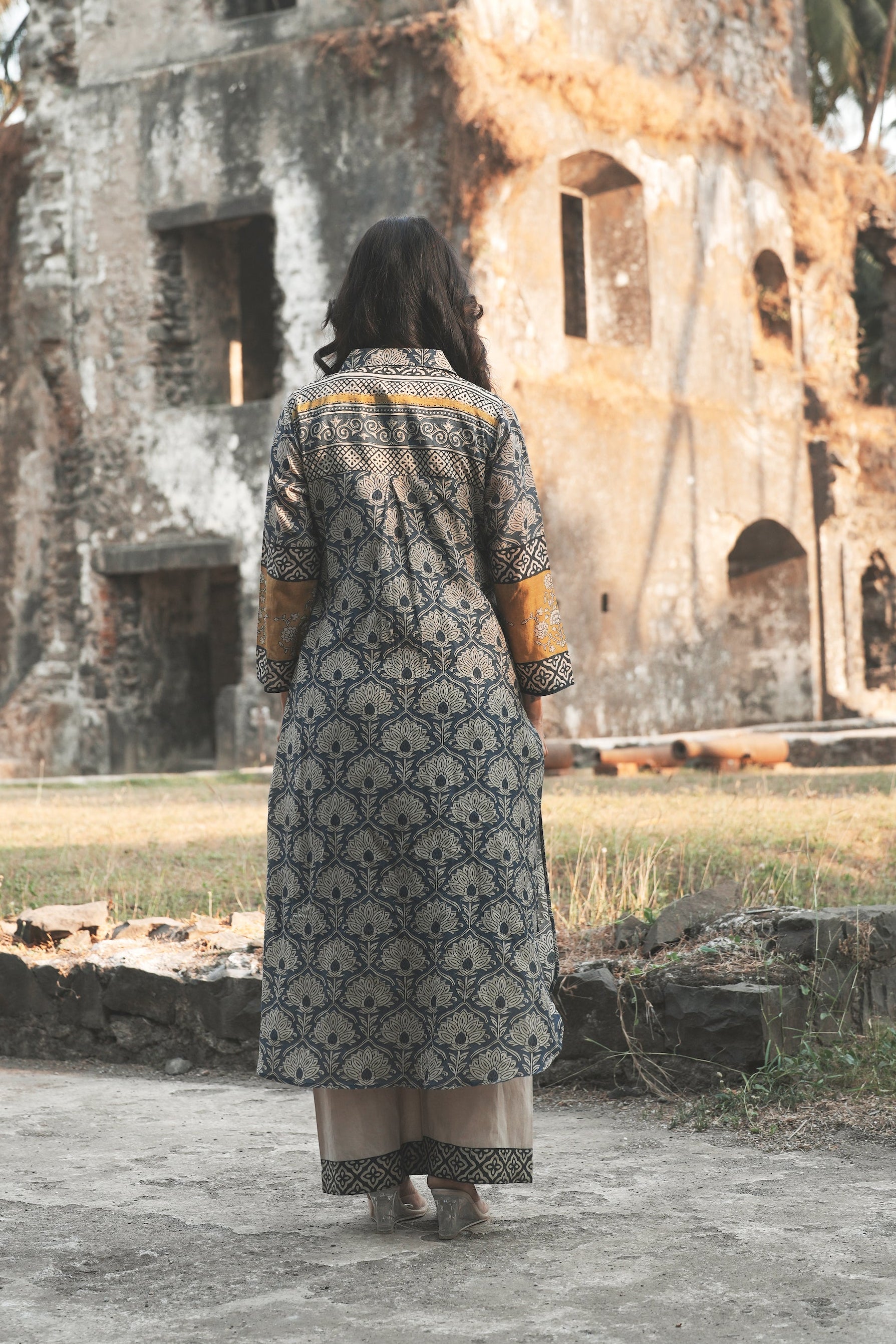 Blue and Yellow Mul Chanderi Block Printed Kurta Set