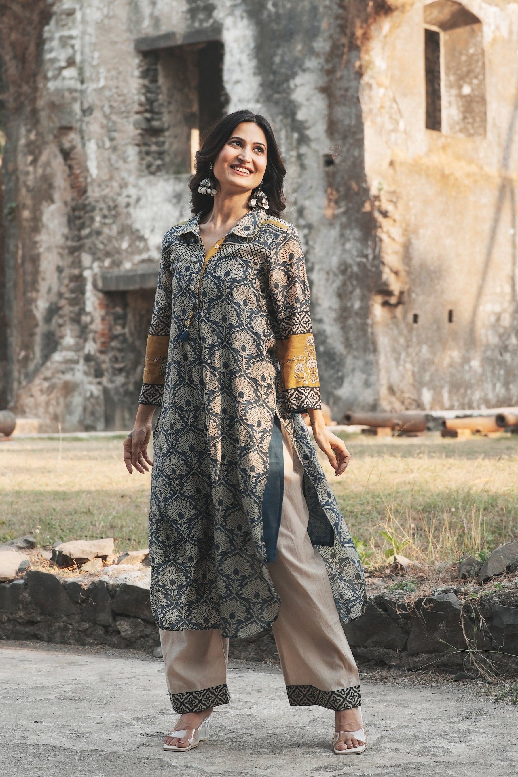 Blue and Yellow Mul Chanderi Block Printed Kurta Set