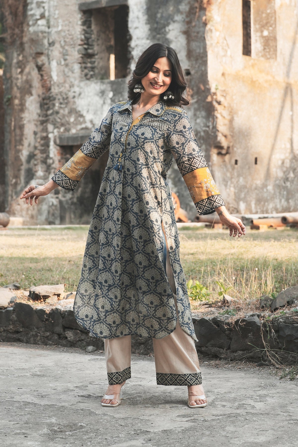 Blue and Yellow Mul Chanderi Block Printed Kurta Set