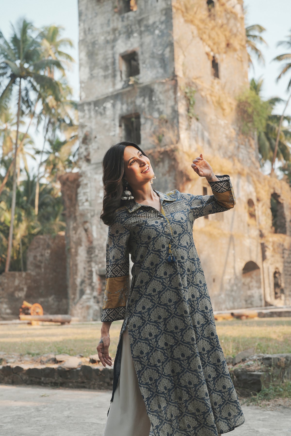 Blue and Yellow Mul Chanderi Block Printed Kurta Set