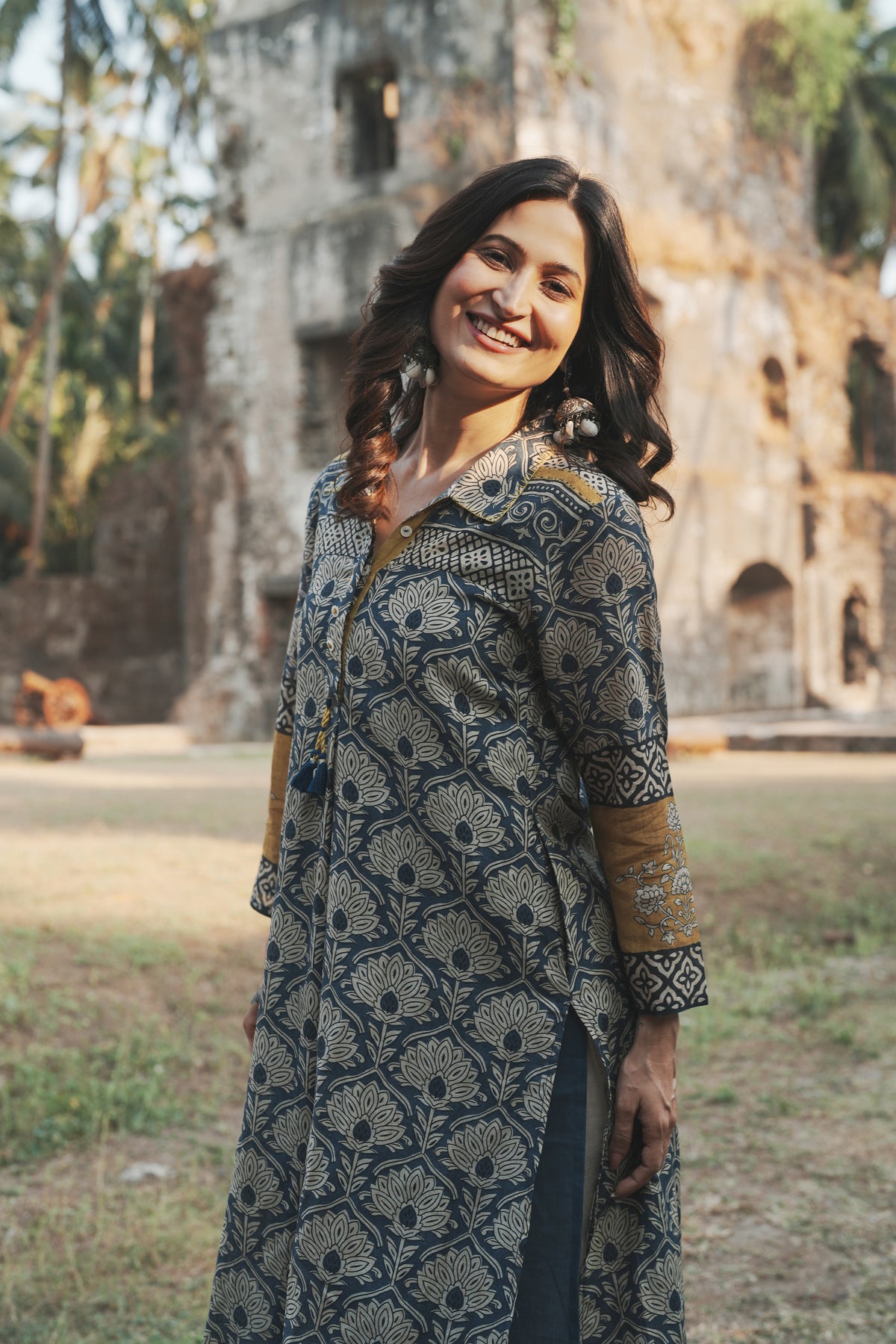 Blue and Yellow Mul Chanderi Block Printed Kurta Set