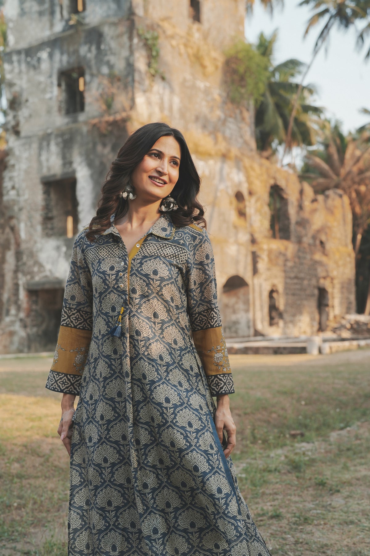 Blue and Yellow Mul Chanderi Block Printed Kurta Set
