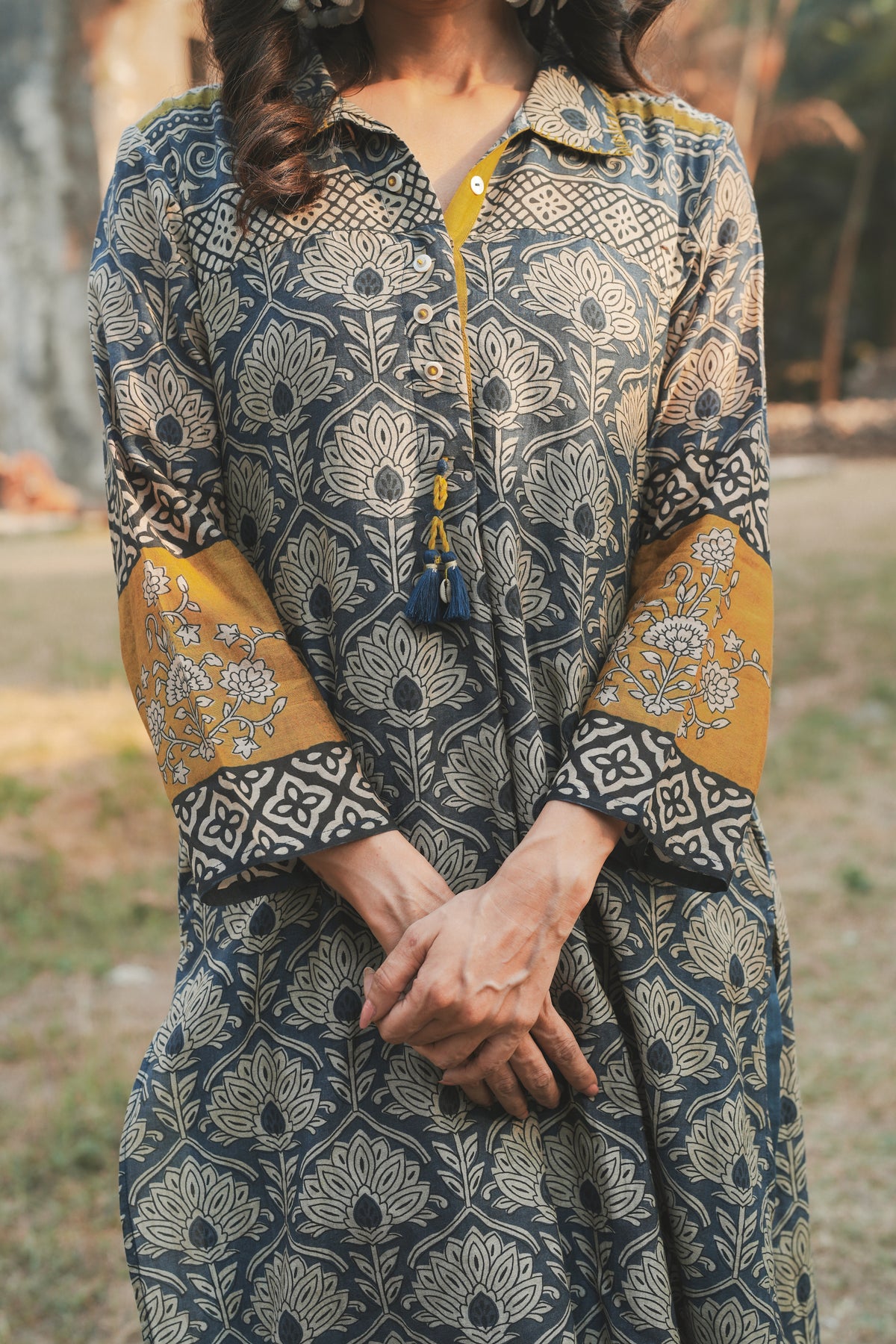 Blue and Yellow Mul Chanderi Block Printed Kurta Set