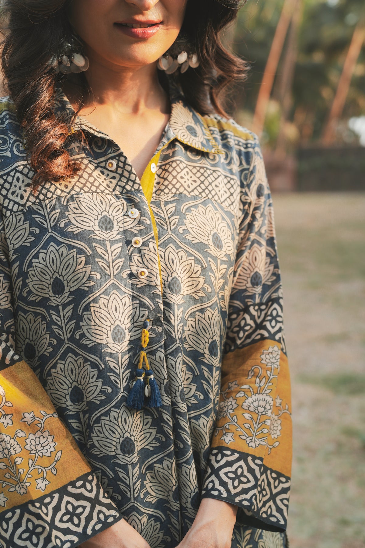 Blue and Yellow Mul Chanderi Block Printed Kurta Set