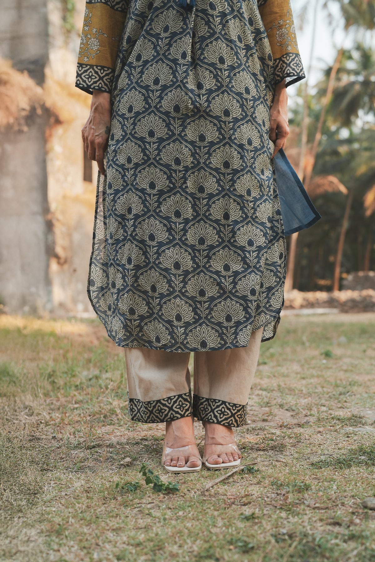 Blue and Yellow Mul Chanderi Block Printed Kurta Set