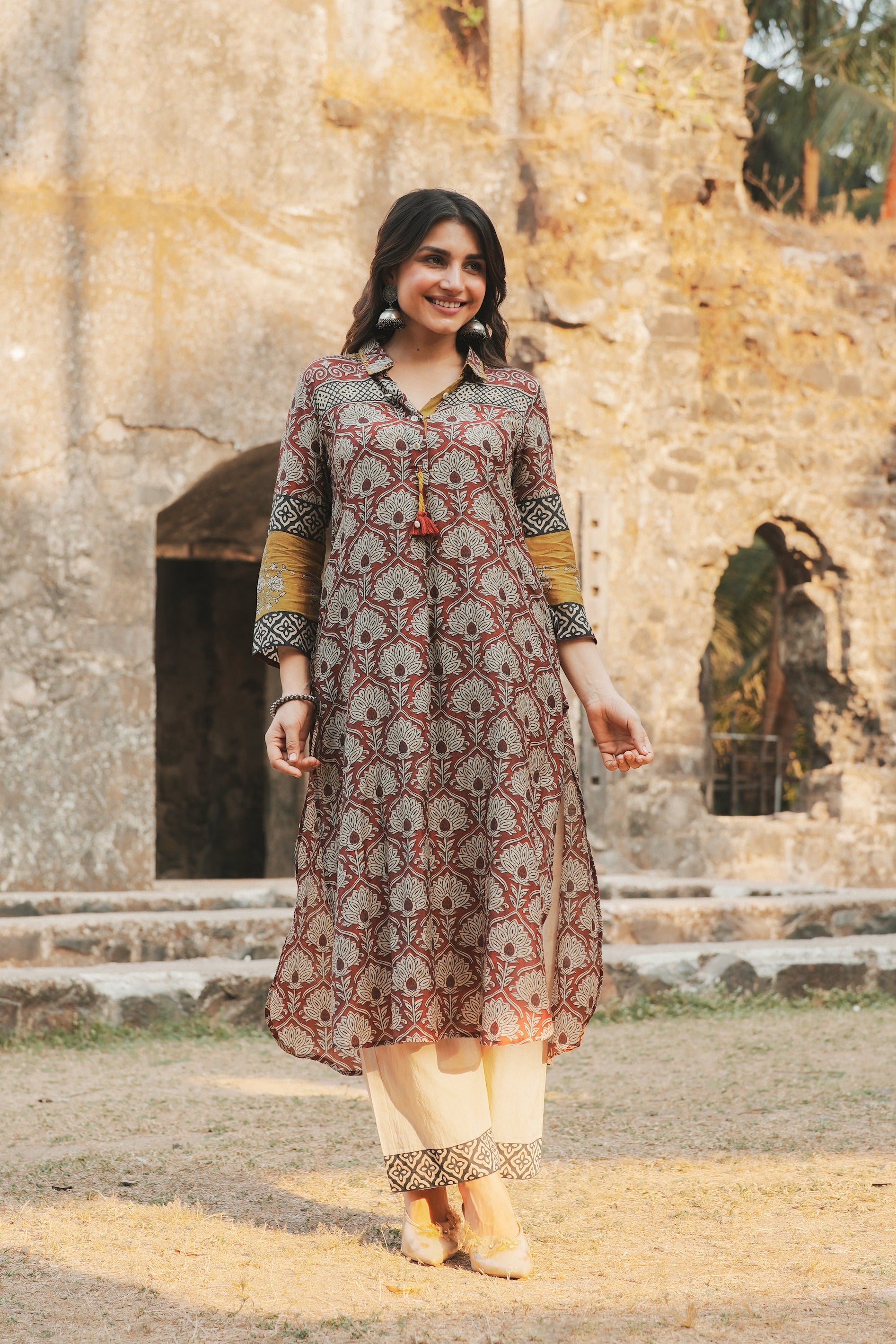 Brick Red Vayu Mul Chanderi Block Print Kurta Set