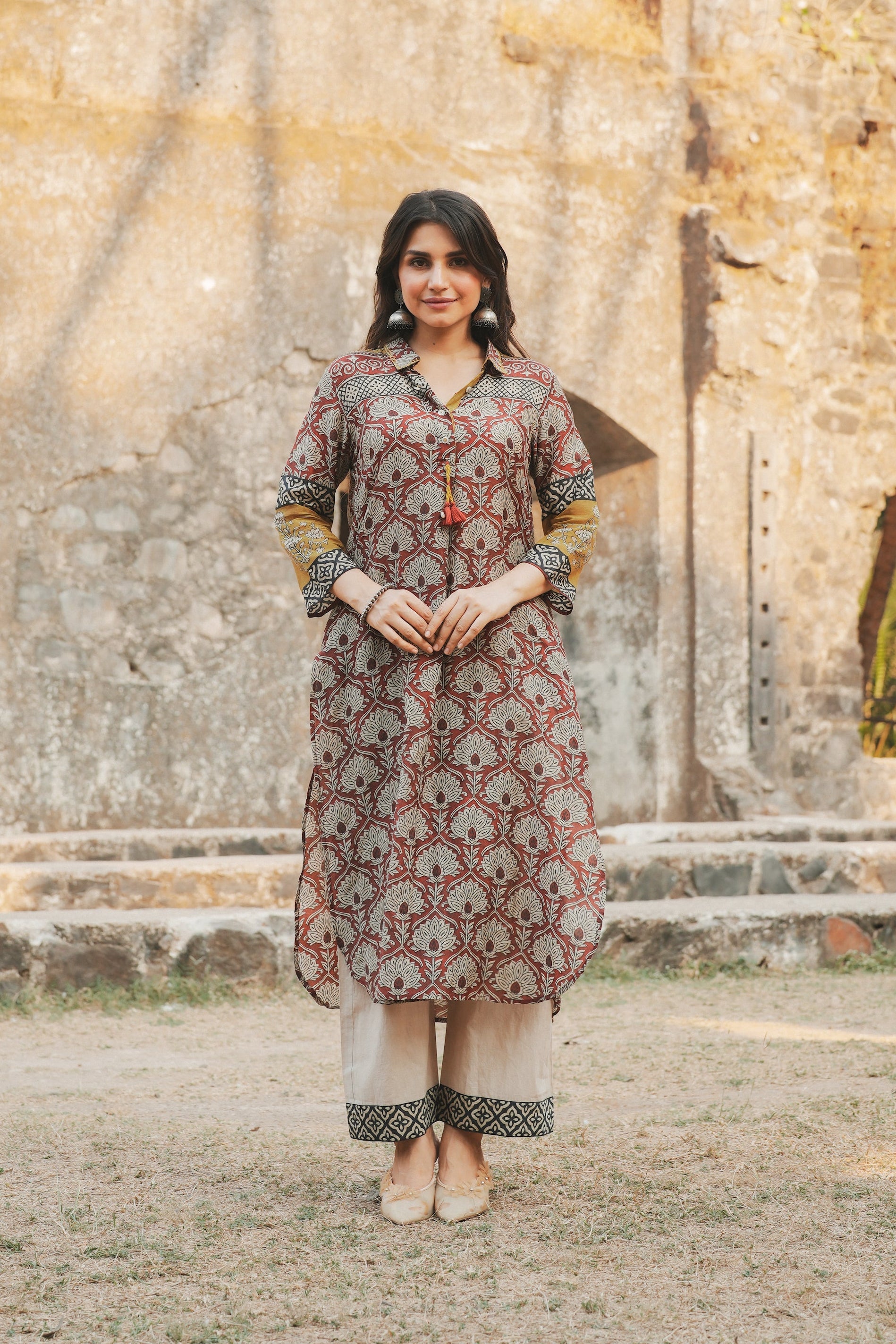 Brick Red Vayu Mul Chanderi Block Print Kurta Set