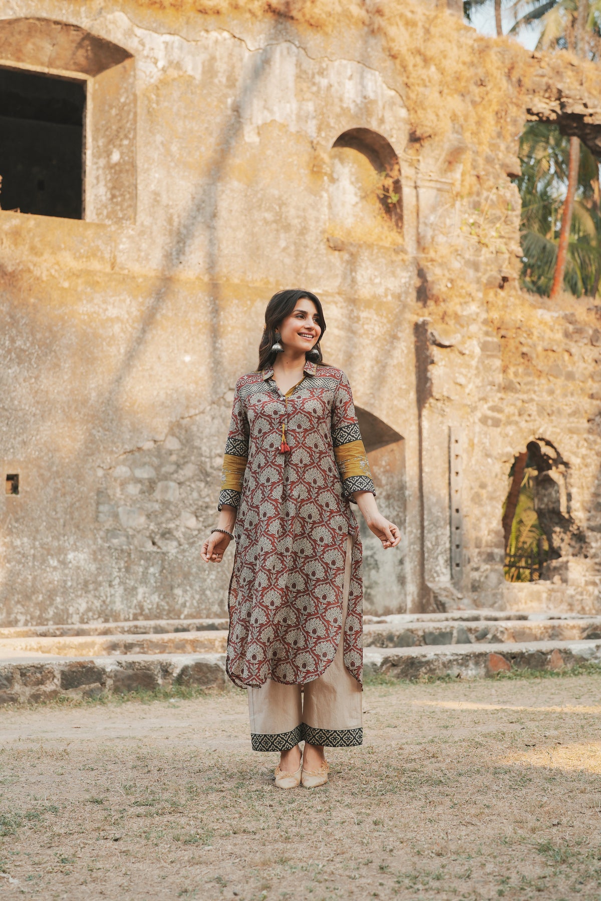 Brick Red Vayu Mul Chanderi Block Print Kurta Set