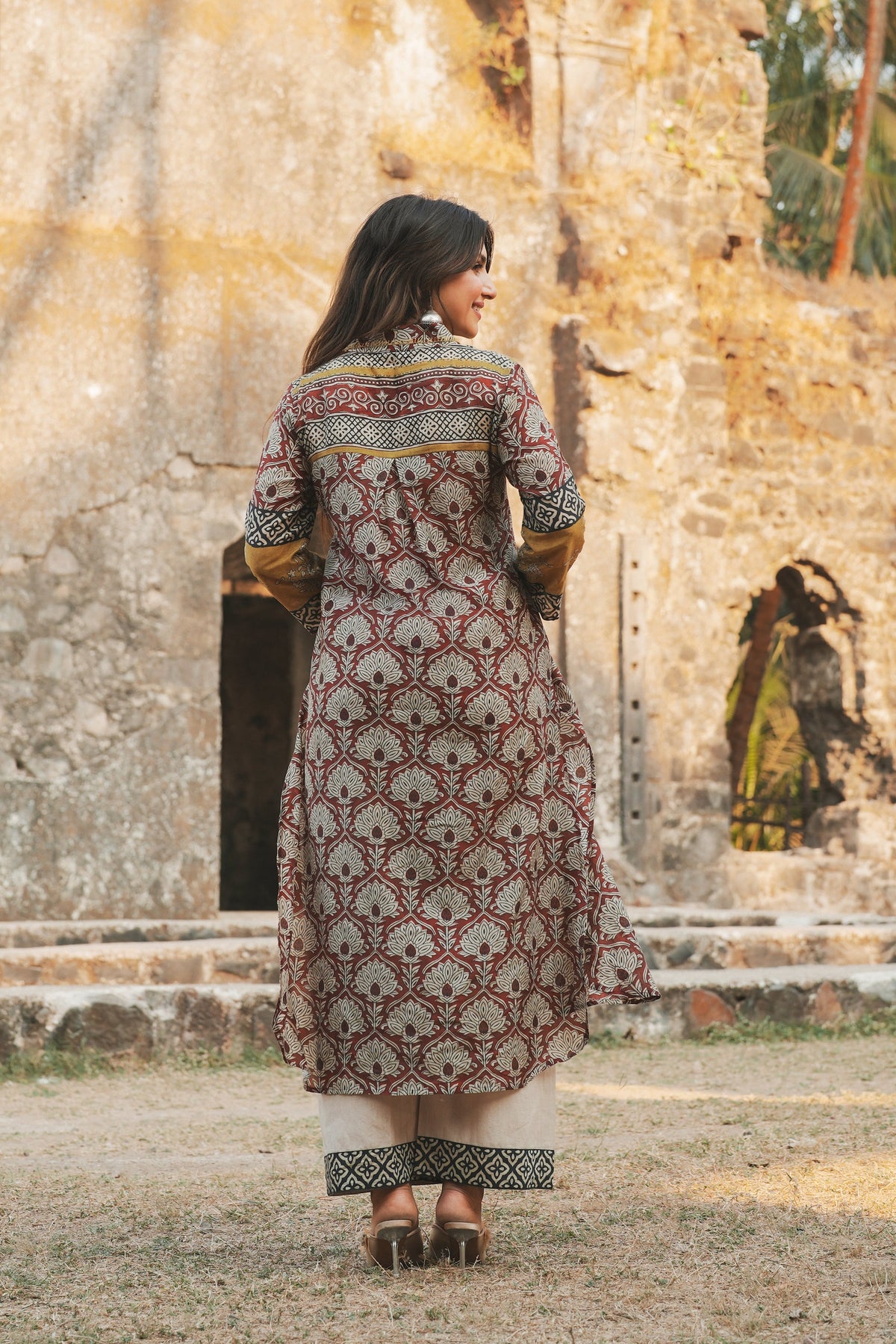 Brick Red Vayu Mul Chanderi Block Print Kurta Set