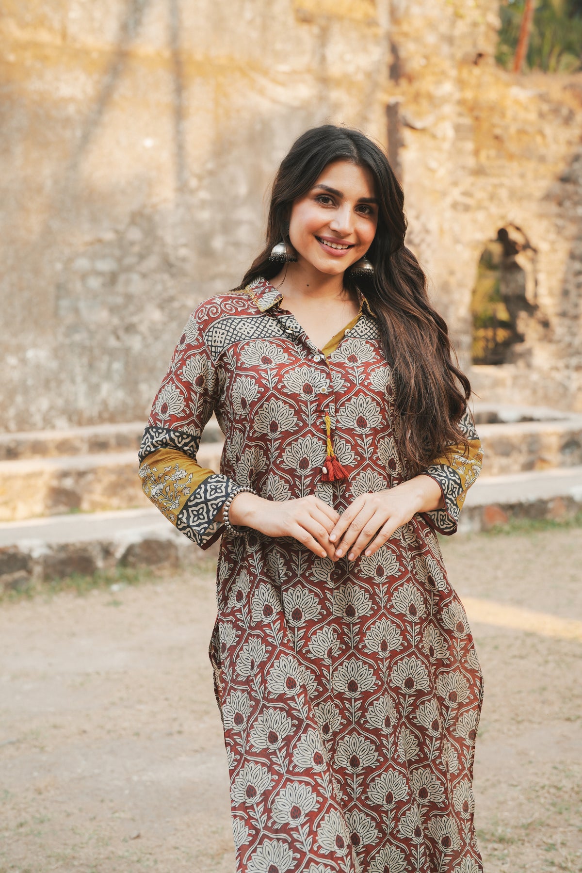 Brick Red Vayu Mul Chanderi Block Print Kurta Set