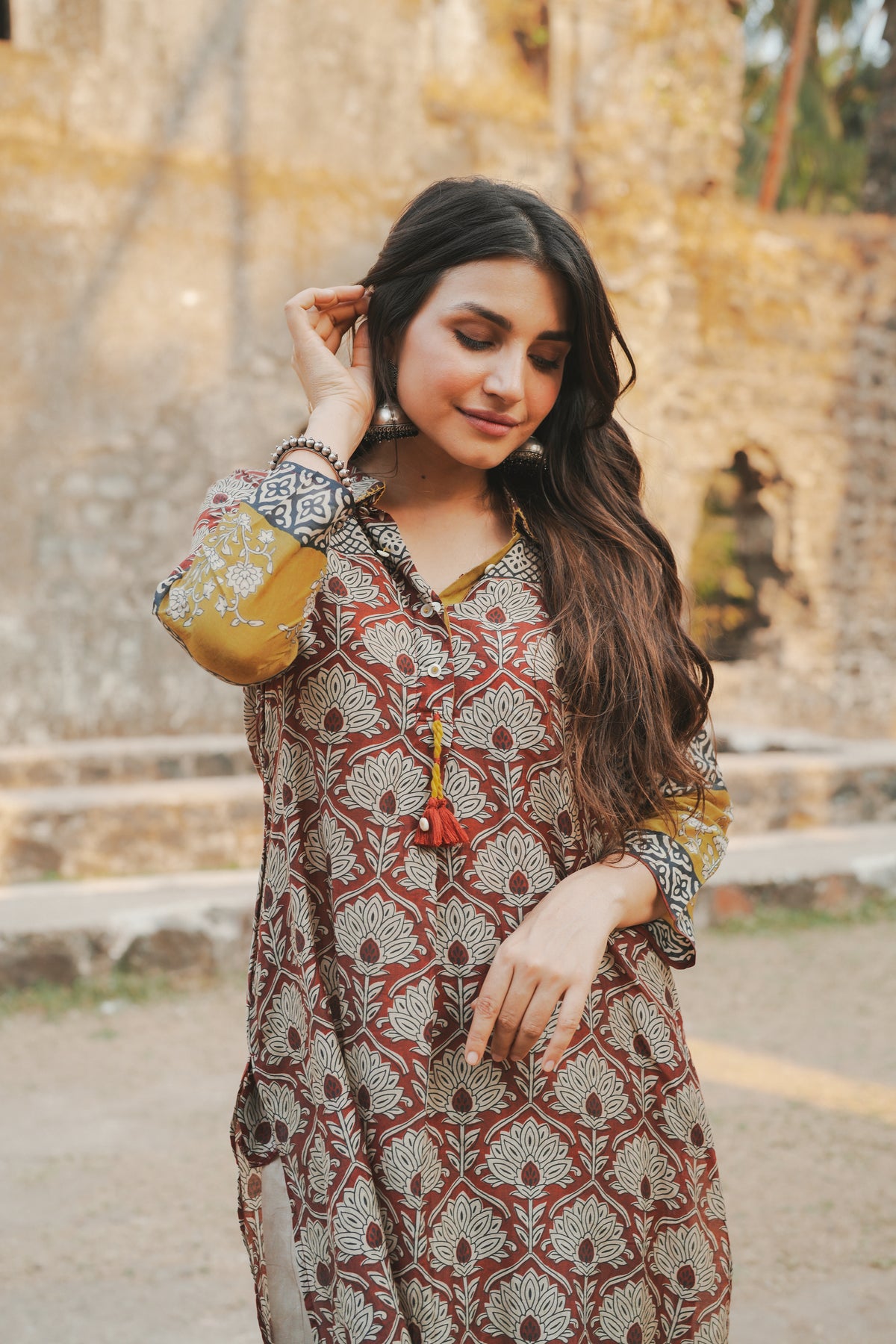 Brick Red Vayu Mul Chanderi Block Print Kurta Set