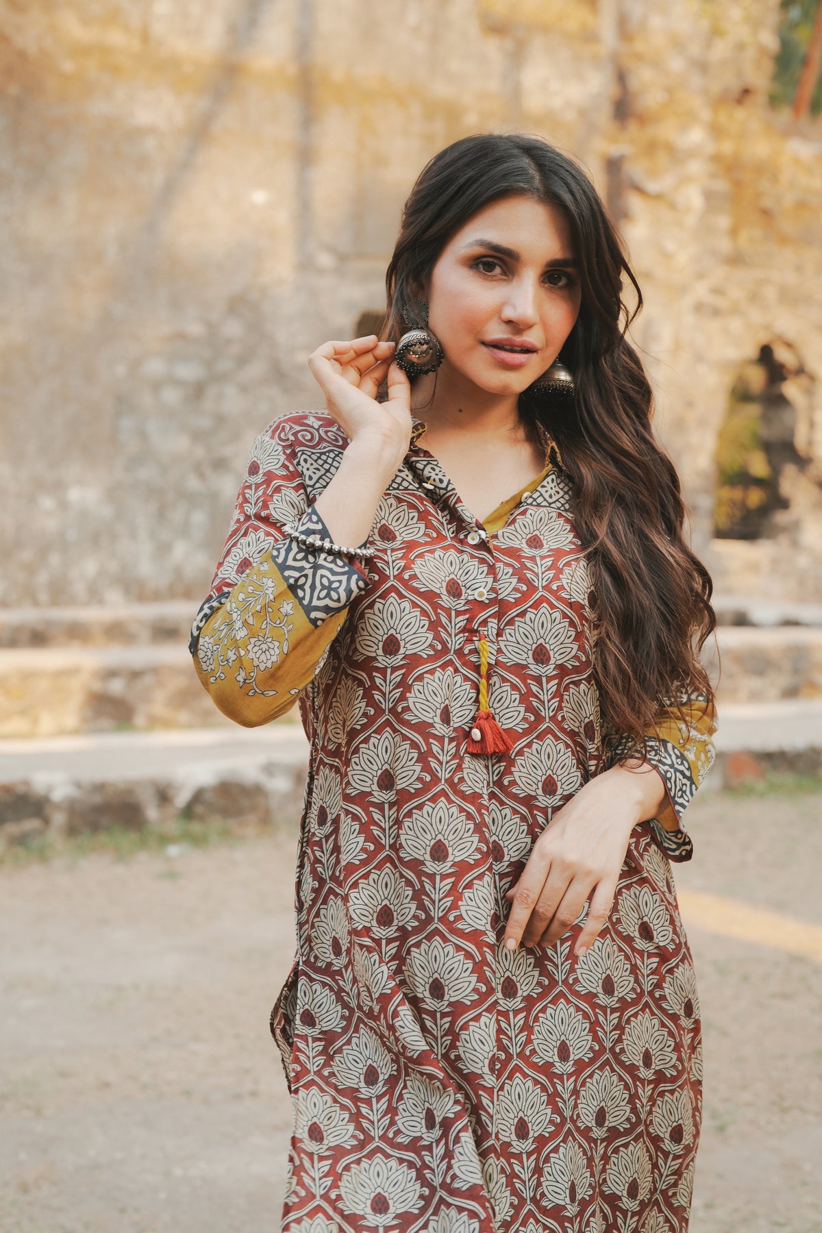 Brick Red Vayu Mul Chanderi Block Print Kurta Set