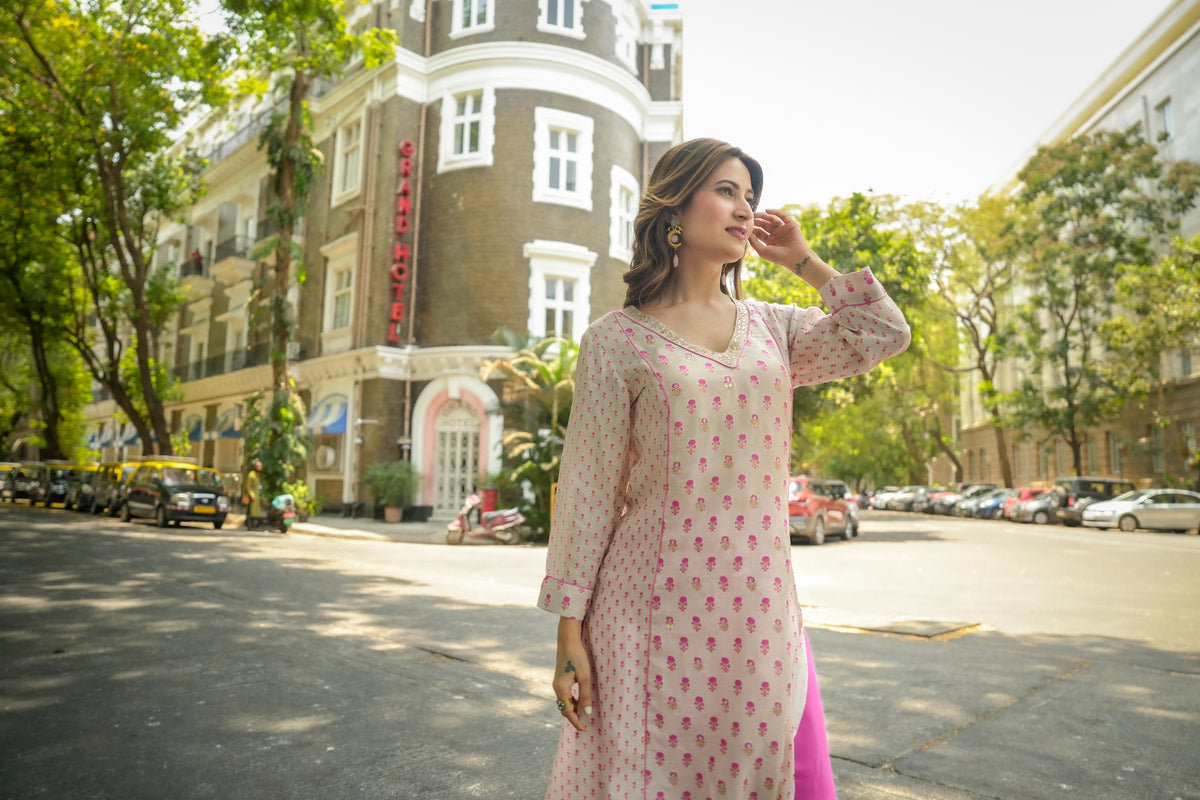 Beige Pink Small Buti with Gota V Neck Kurta Pant Set