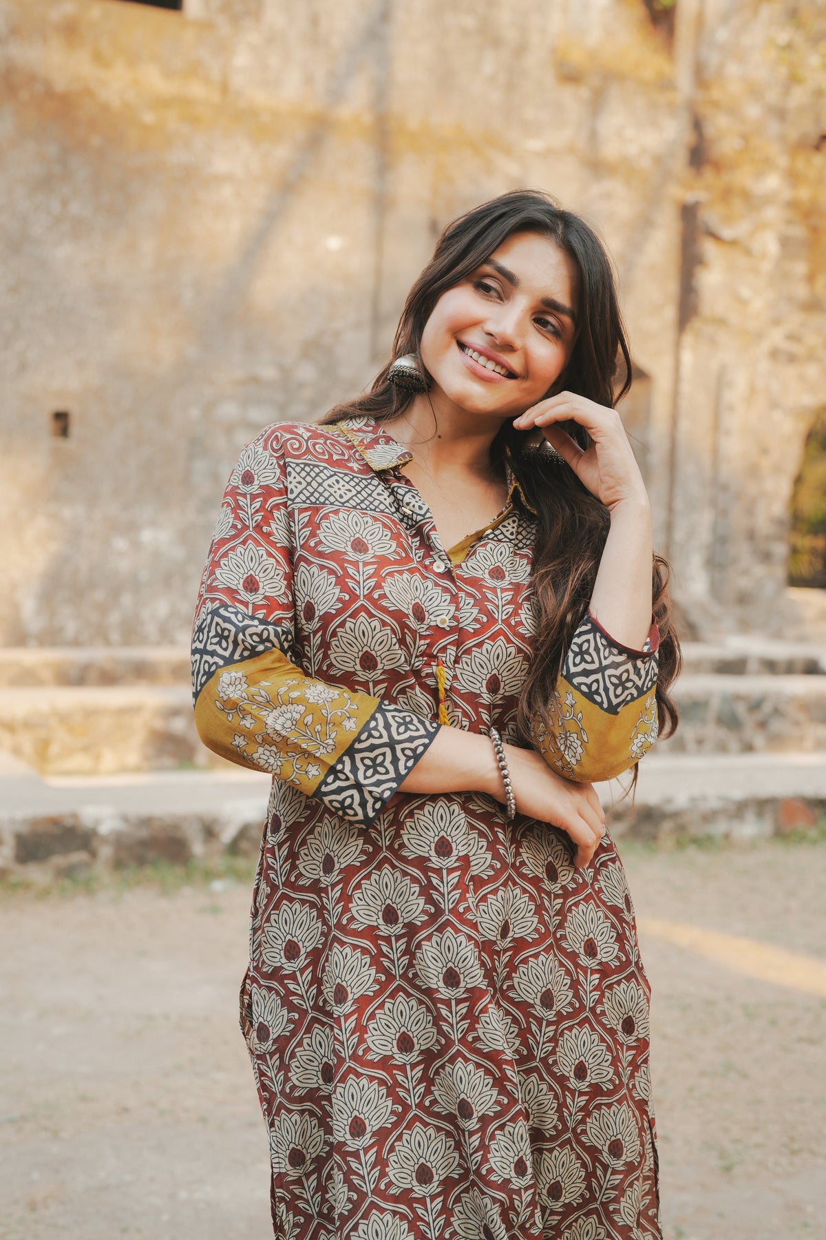 Brick Red Vayu Mul Chanderi Block Print Kurta Set