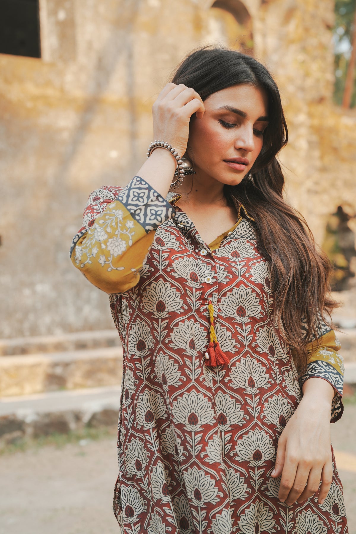 Brick Red Vayu Mul Chanderi Block Print Kurta Set