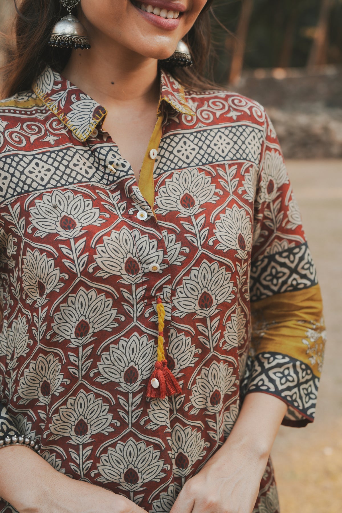 Brick Red Vayu Mul Chanderi Block Print Kurta Set