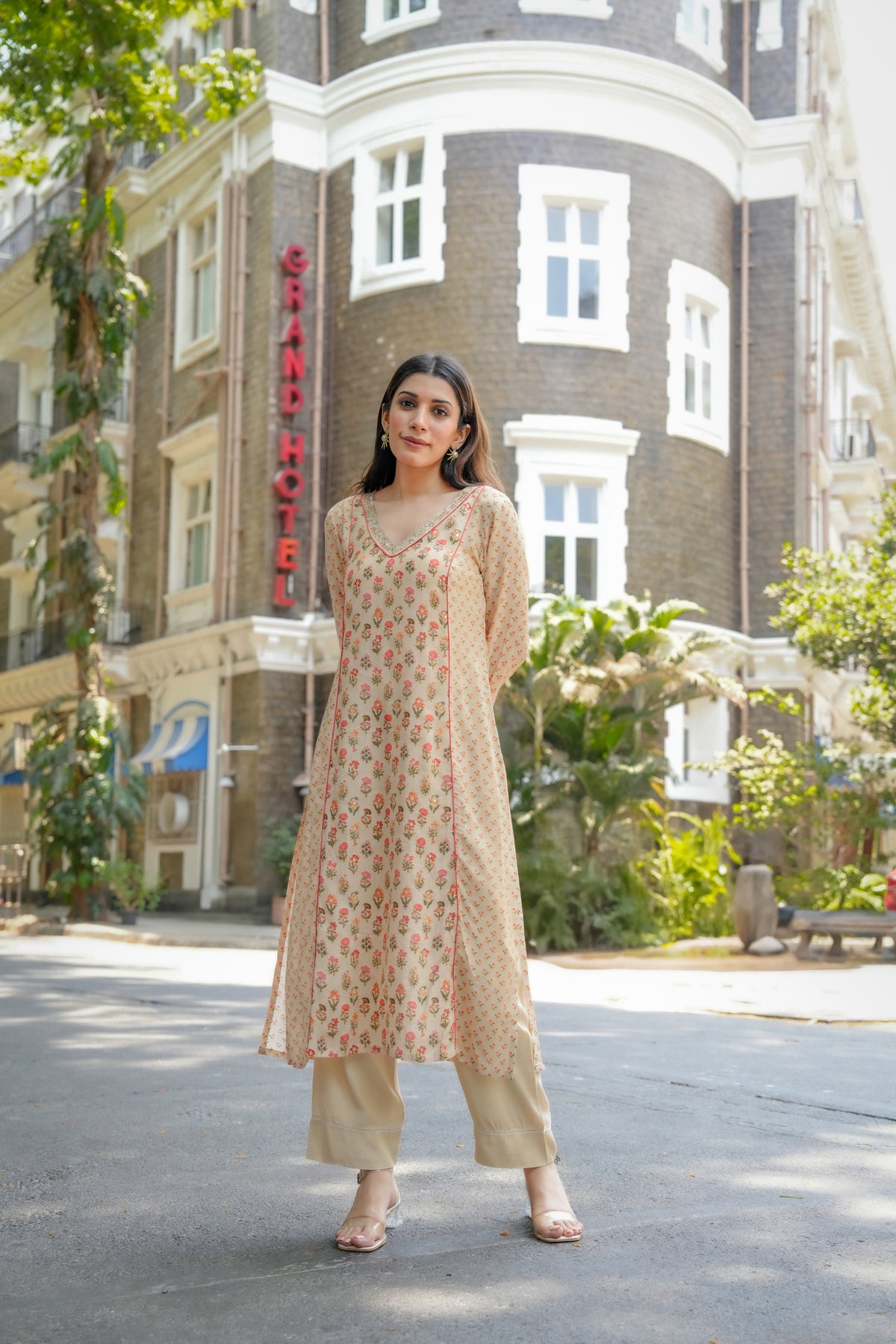 Beige with Orange and Red Small Buti Gota Work V Neck Panel Block Print Kurta pant set