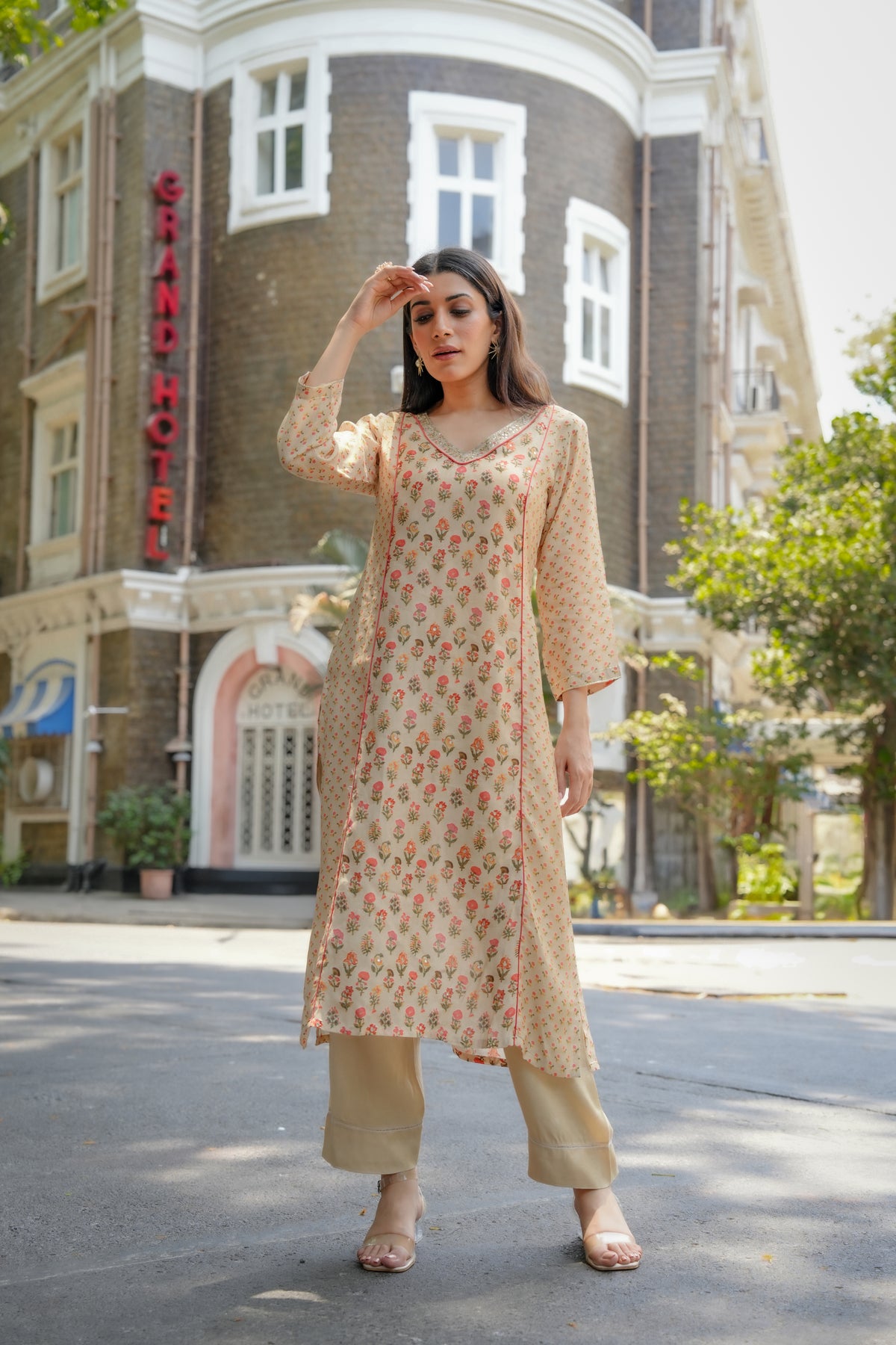 Beige with Orange and Red Small Buti Gota Work V Neck Panel Block Print Kurta pant set