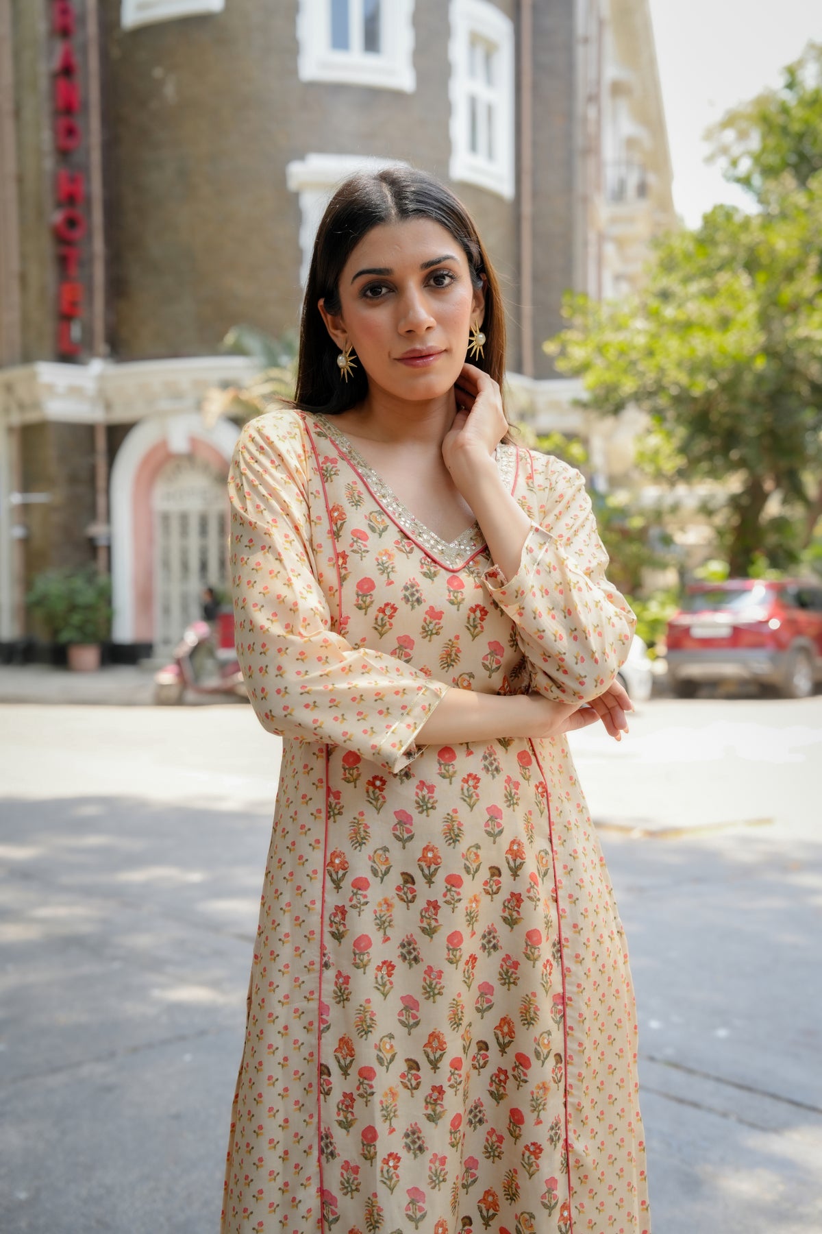 Beige with Orange and Red Small Buti Gota Work V Neck Panel Block Print Kurta pant set