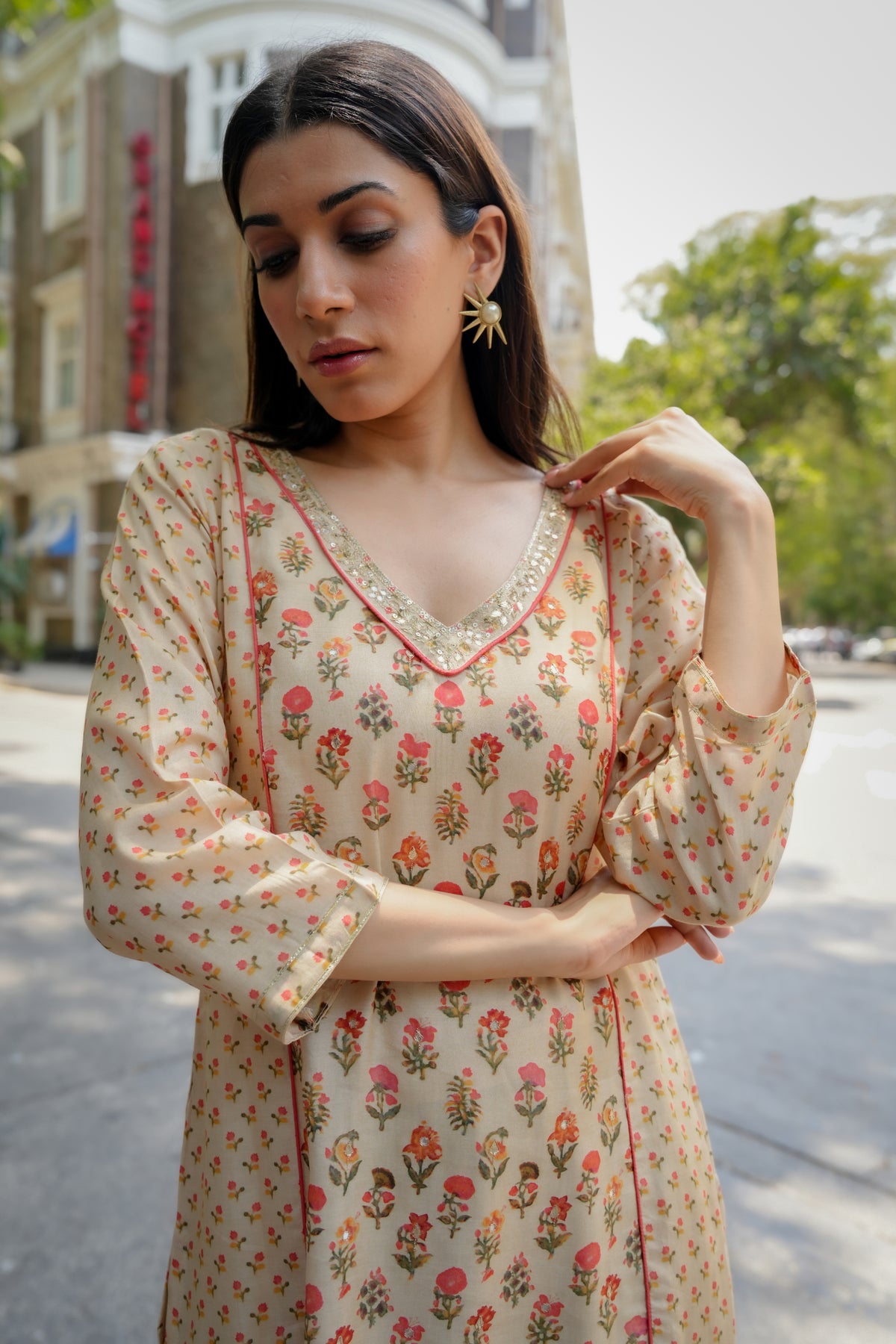 Beige with Orange and Red Small Buti Gota Work V Neck Panel Block Print Kurta pant set