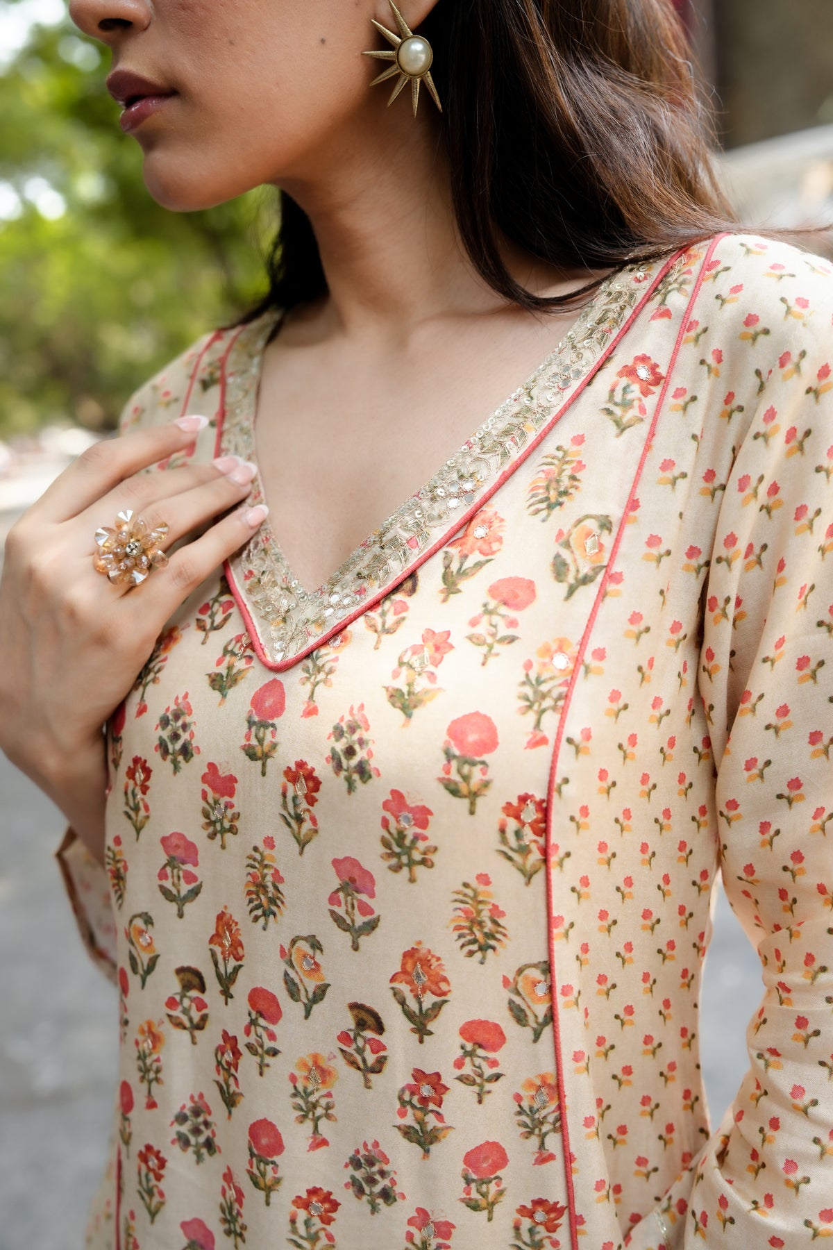 Beige with Orange and Red Small Buti Gota Work V Neck Panel Block Print Kurta pant set