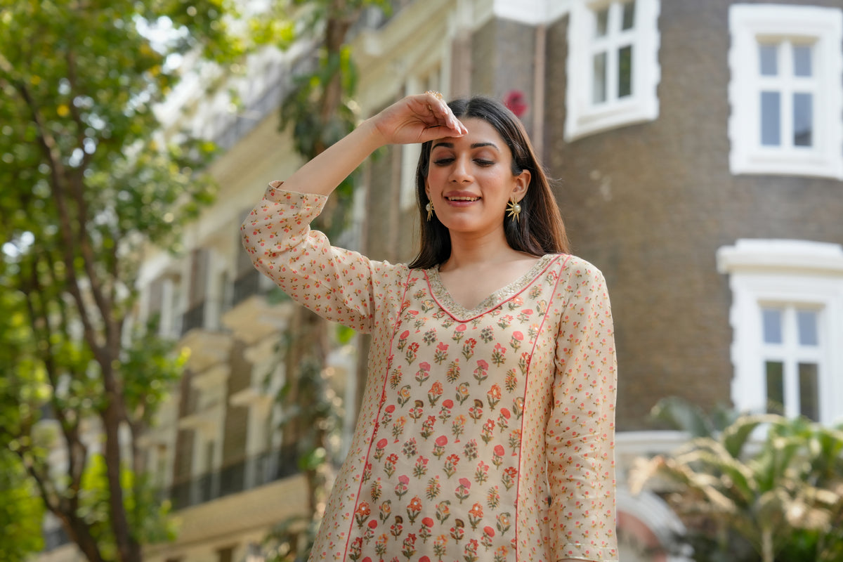 Beige with Orange and Red Small Buti Gota Work V Neck Panel Block Print Kurta pant set
