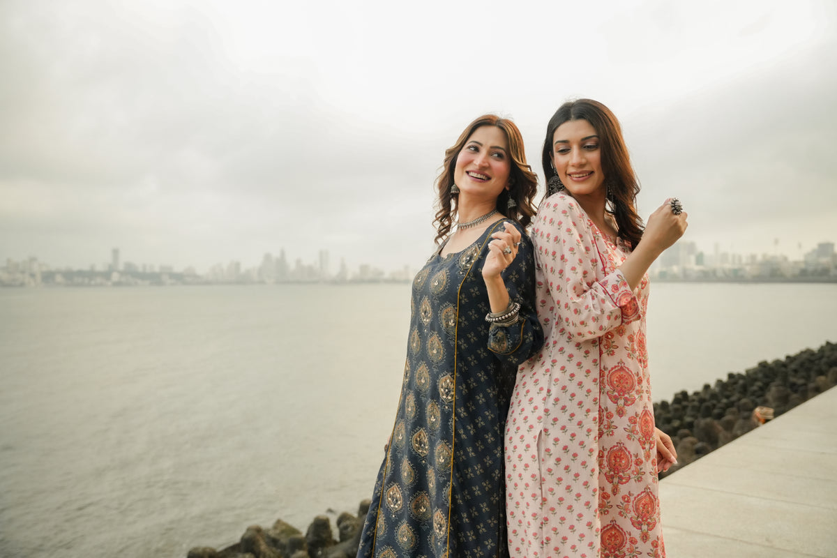 Beige with Red and Pink Block Print Buti Muslin Kurta Pant Set