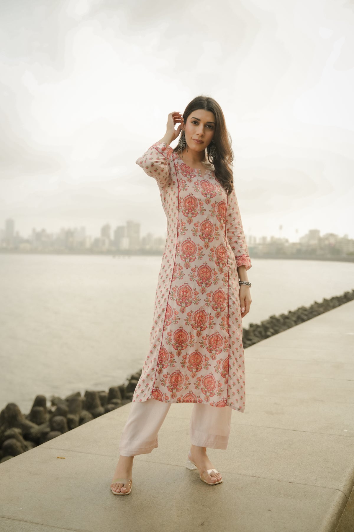 Beige with Red and Pink Block Print Buti Muslin Kurta Pant Set
