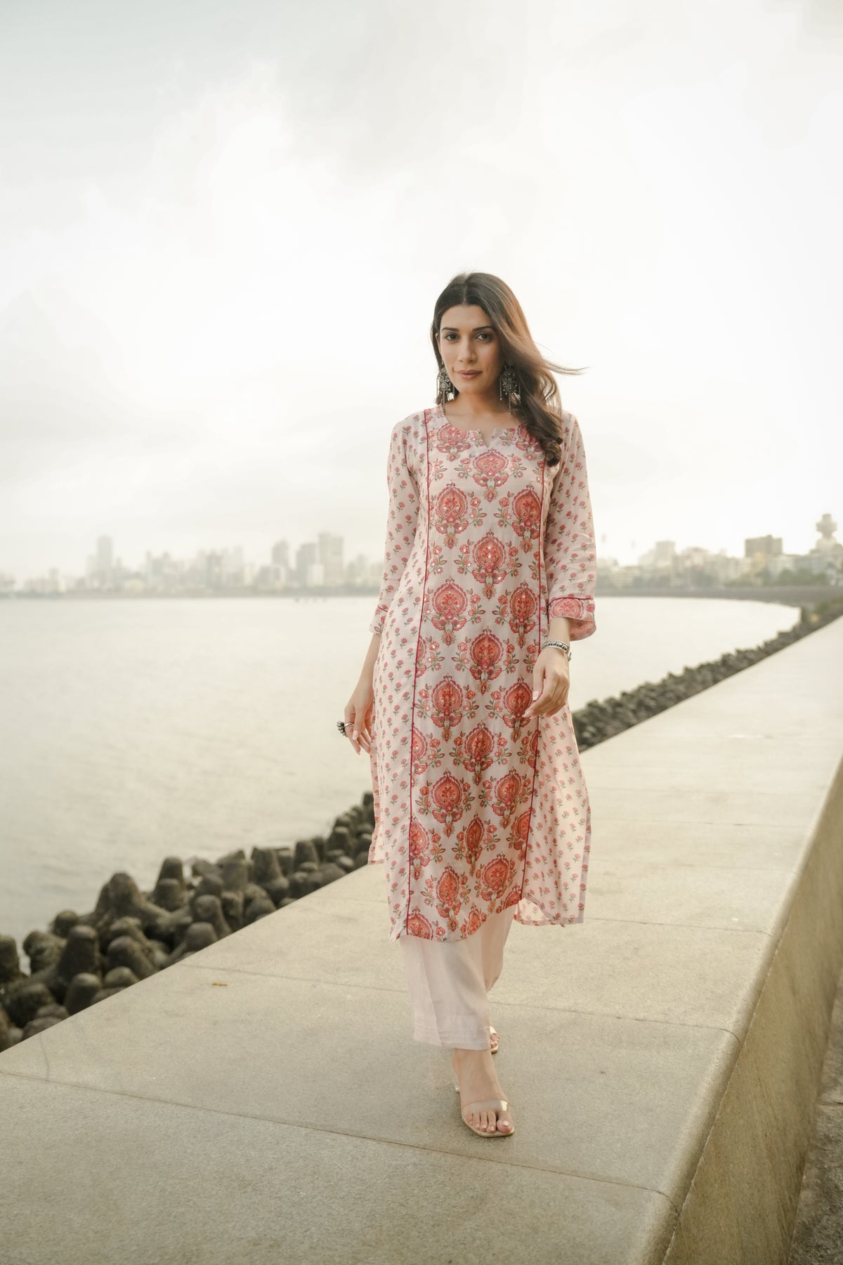 Beige with Red and Pink Block Print Buti Muslin Kurta Pant Set