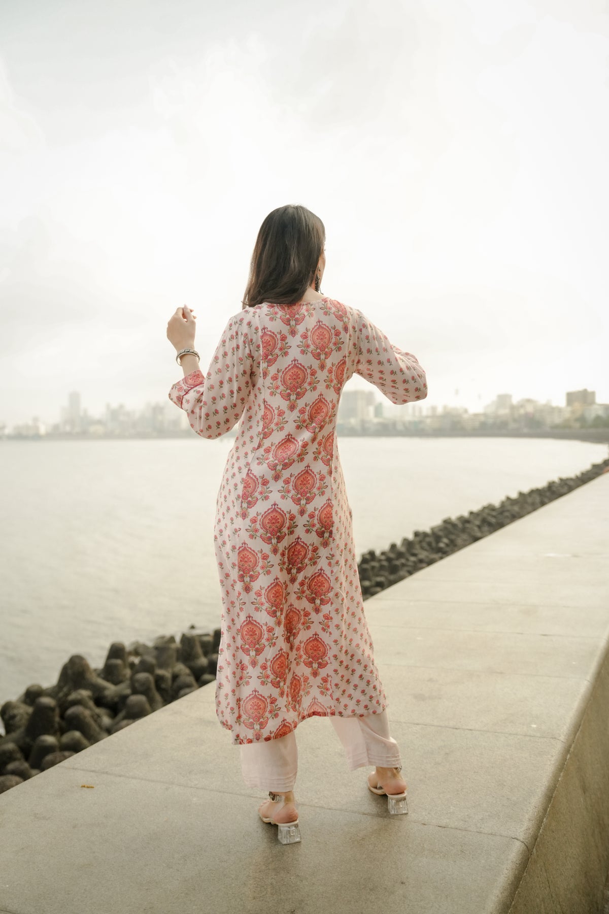 Beige with Red and Pink Block Print Buti Muslin Kurta Pant Set