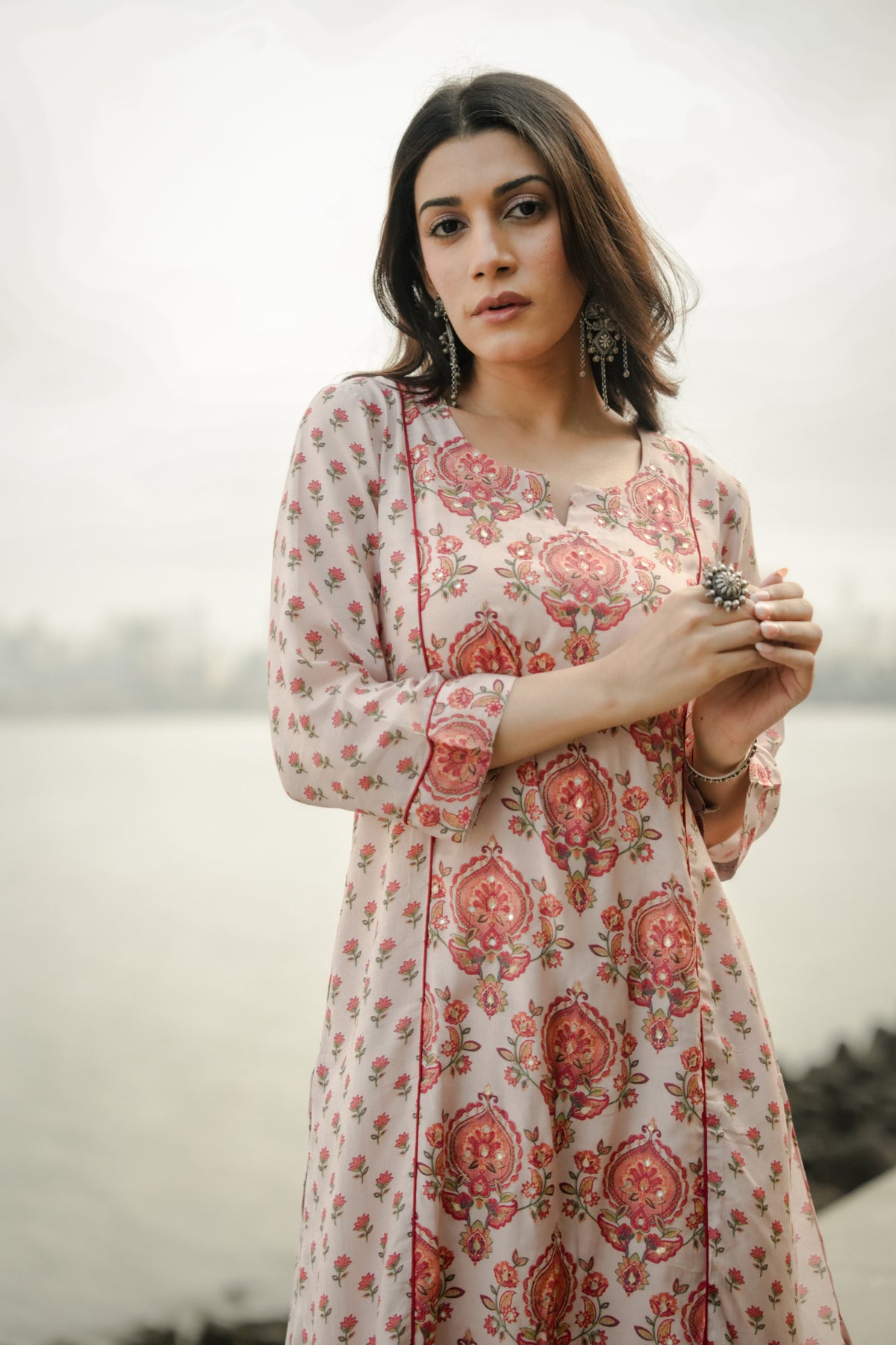 Beige with Red and Pink Block Print Buti Muslin Kurta Pant Set