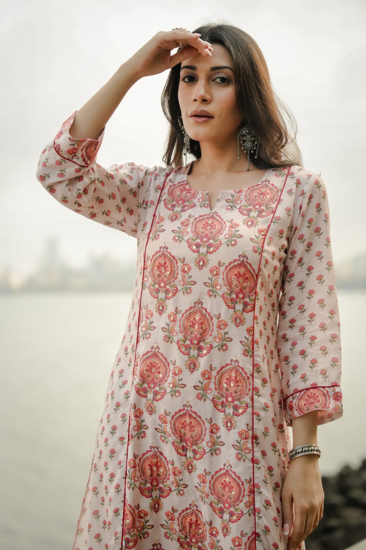 Beige with Red and Pink Block Print Buti Muslin Kurta Pant Set