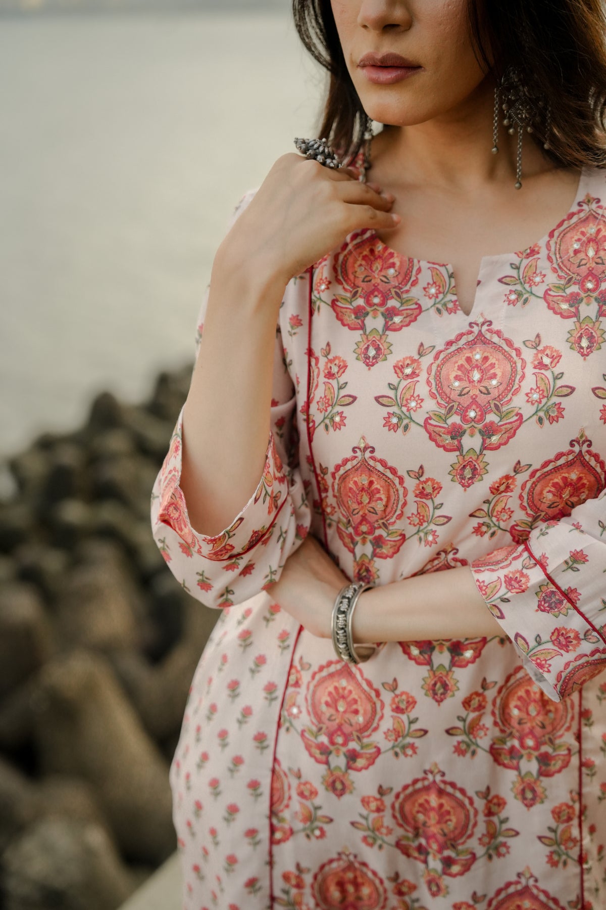 Beige with Red and Pink Block Print Buti Muslin Kurta Pant Set