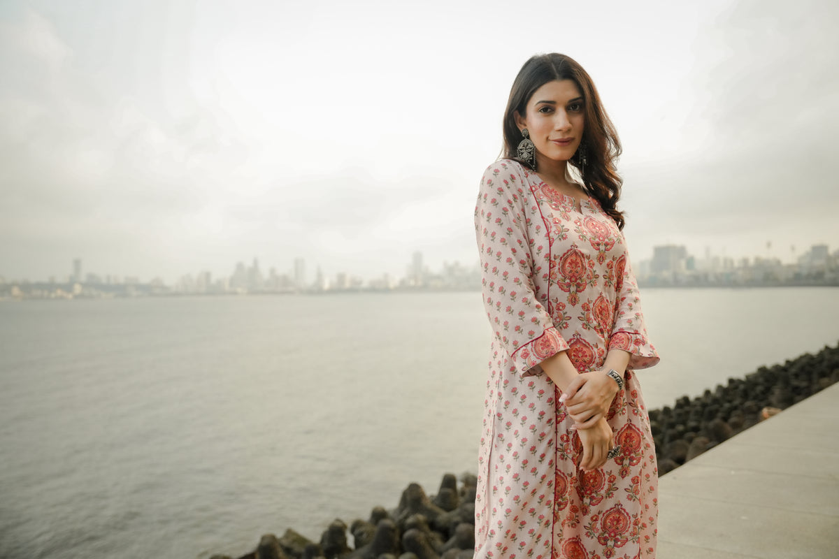 Beige with Red and Pink Block Print Buti Muslin Kurta Pant Set