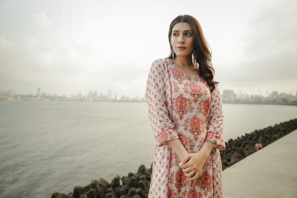 Beige with Red and Pink Block Print Buti Muslin Kurta Pant Set