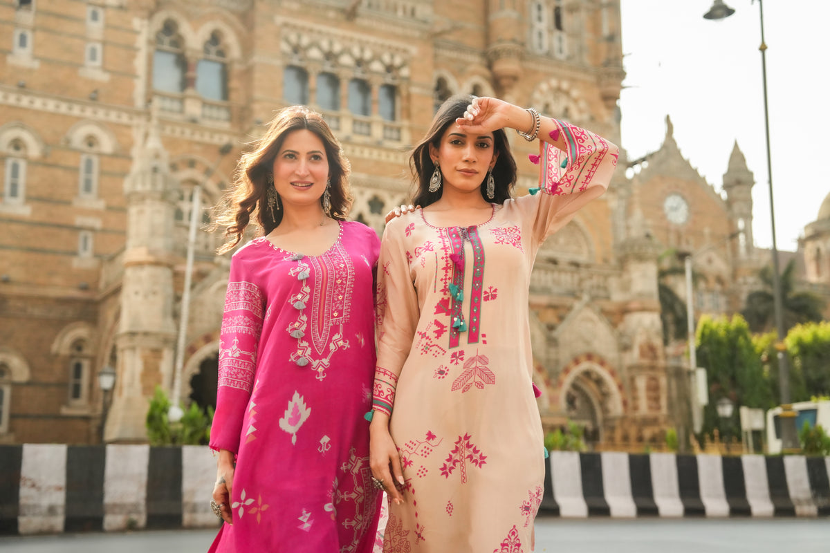 Srishty Rode in Beige Abstract Print Kurta Set with Tassels