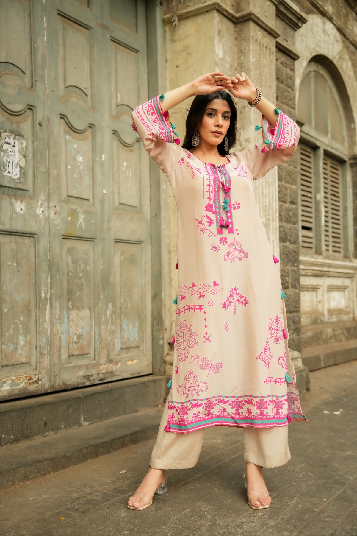 Srishty Rode in Beige Abstract Print Kurta Set with Tassels