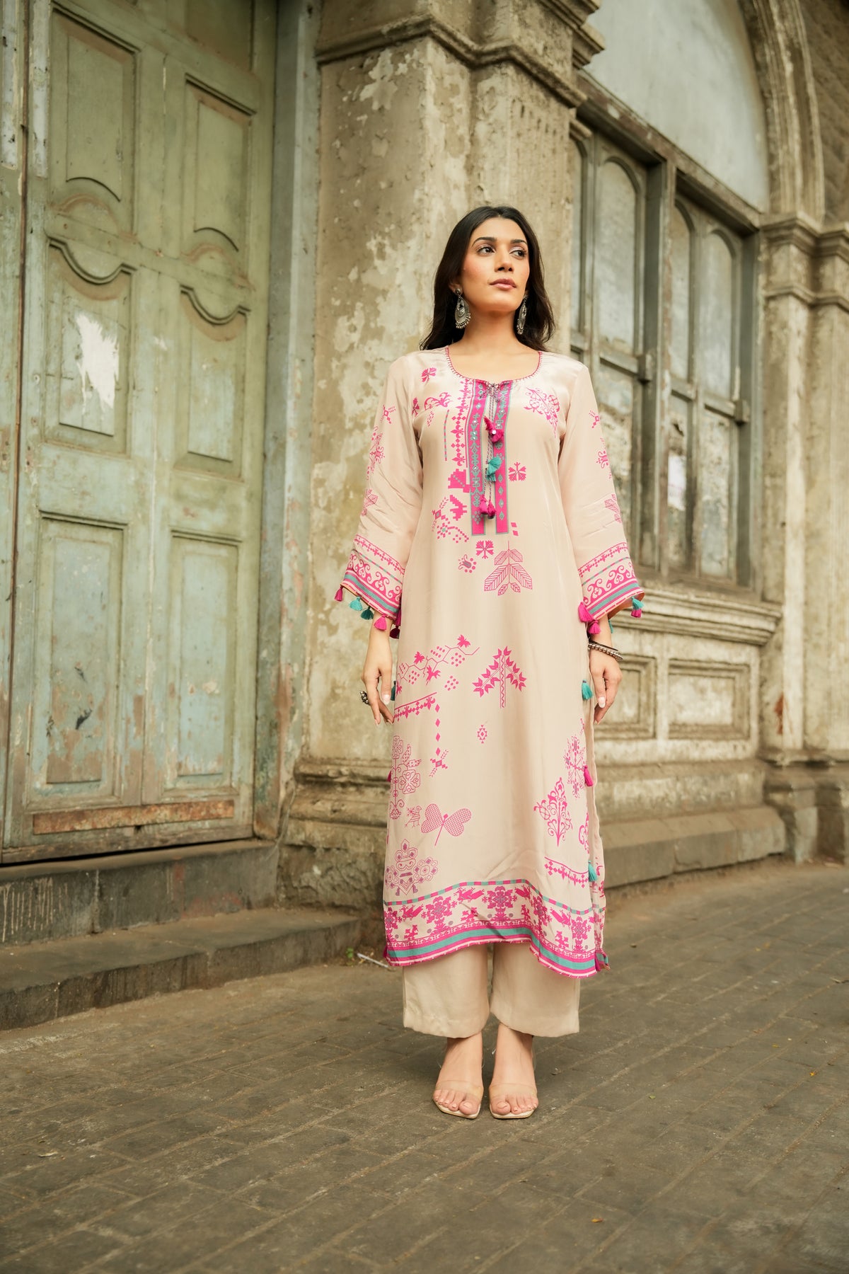 Srishty Rode in Beige Abstract Print Kurta Set with Tassels