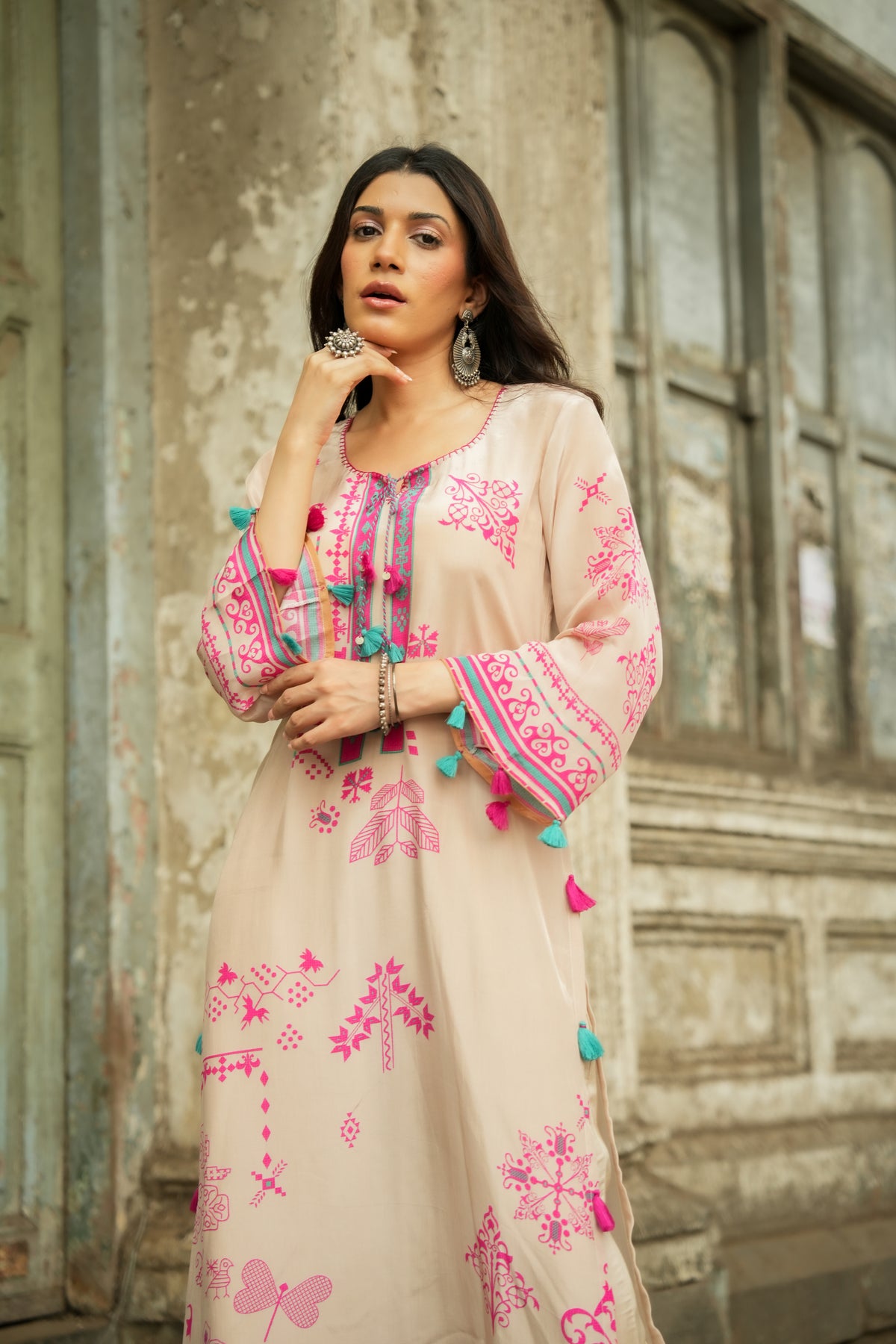 Srishty Rode in Beige Abstract Print Kurta Set with Tassels