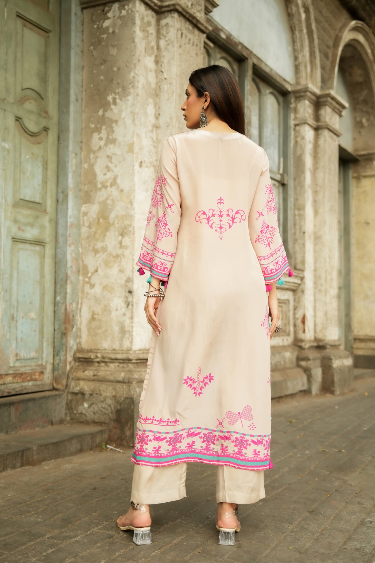 Srishty Rode in Beige Abstract Print Kurta Set with Tassels