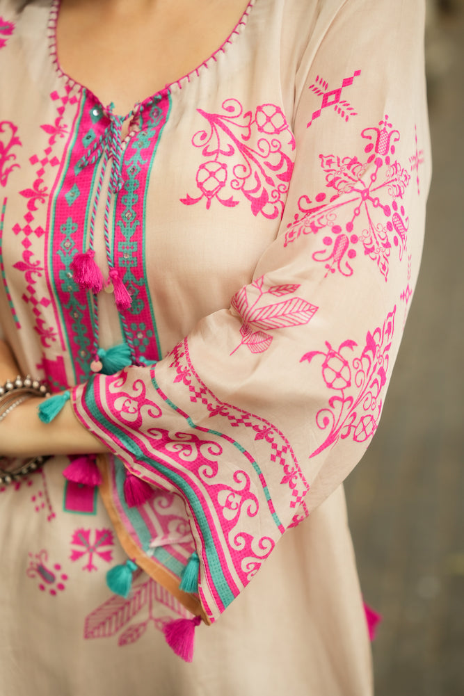 Srishty Rode in Beige Abstract Print Kurta Set with Tassels