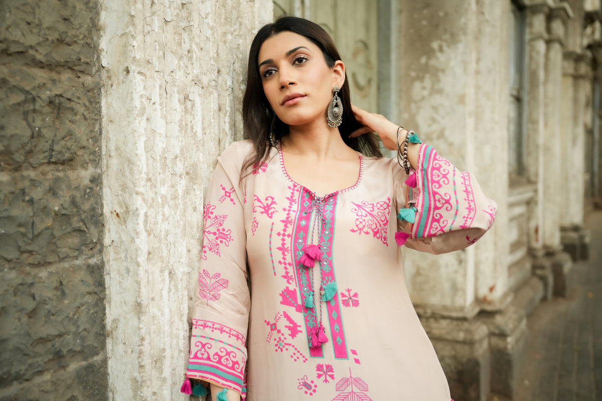 Srishty Rode in Beige Abstract Print Kurta Set with Tassels