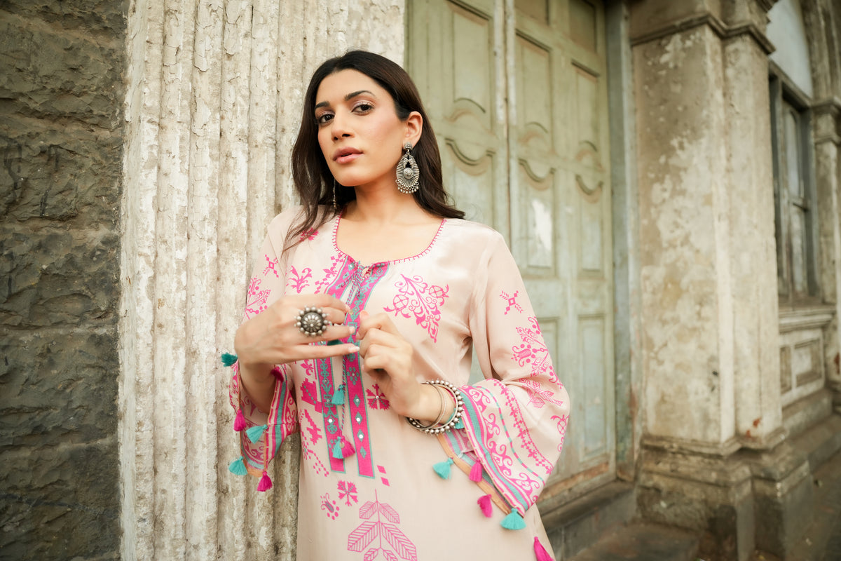 Srishty Rode in Beige Abstract Print Kurta Set with Tassels