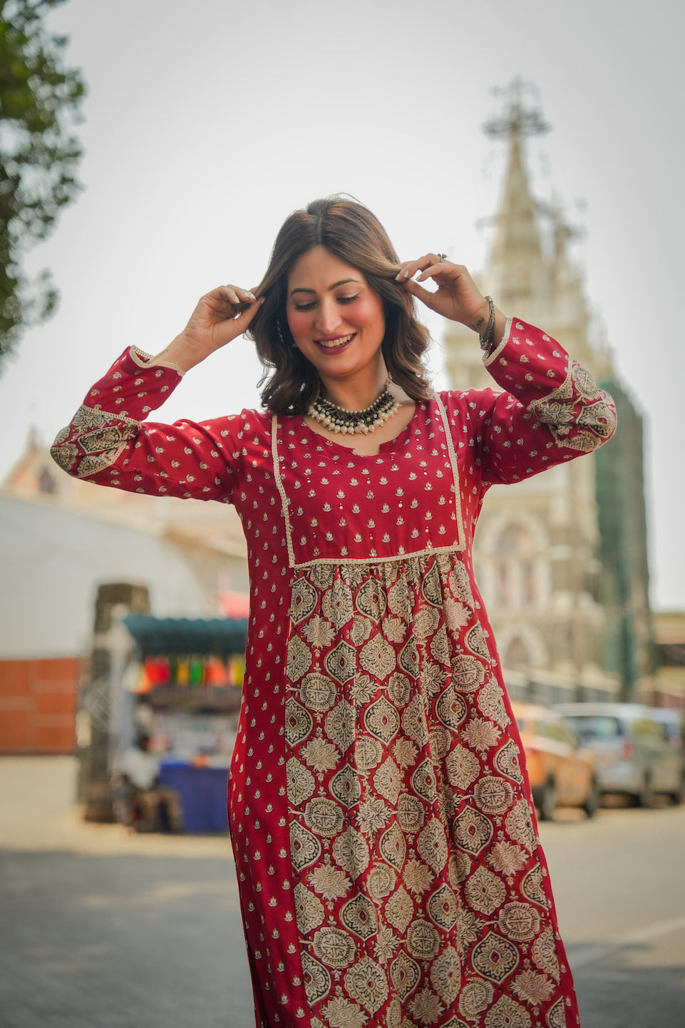 Red Block Print Small Side Buti Muslin Kurta Set