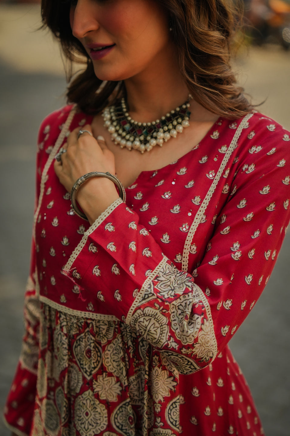 Red Block Print Small Side Buti Muslin Kurta Set