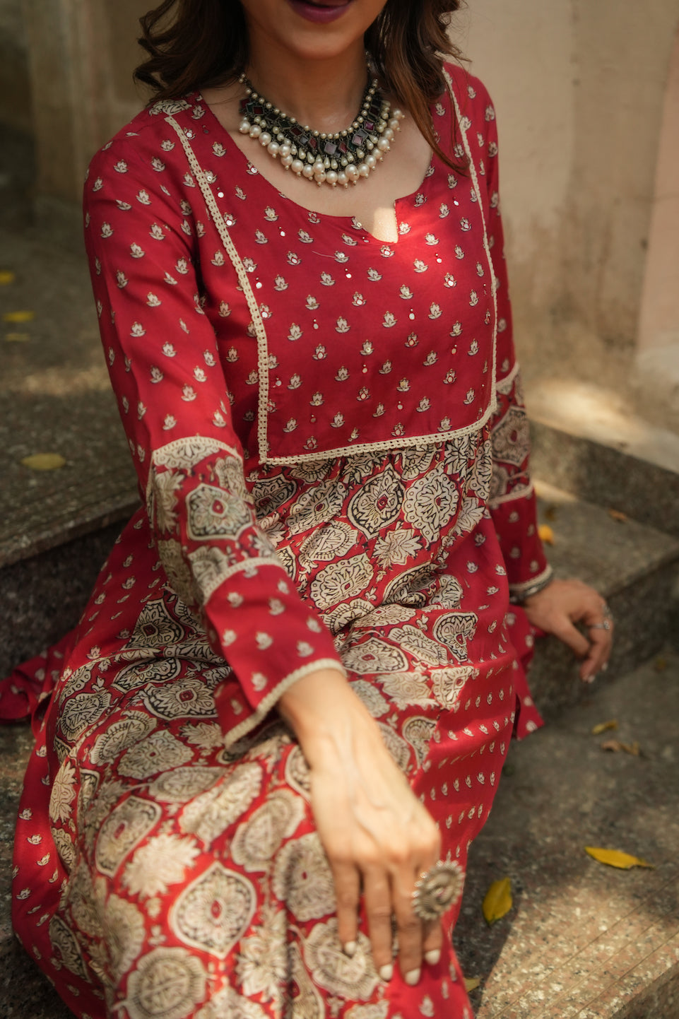 Red Block Print Small Side Buti Muslin Kurta Set
