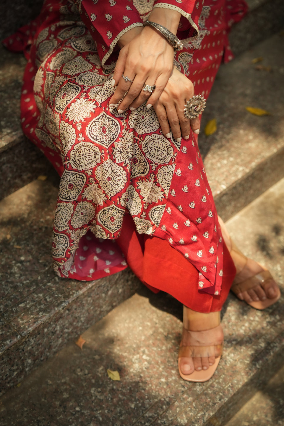 Red Block Print Small Side Buti Muslin Kurta Set